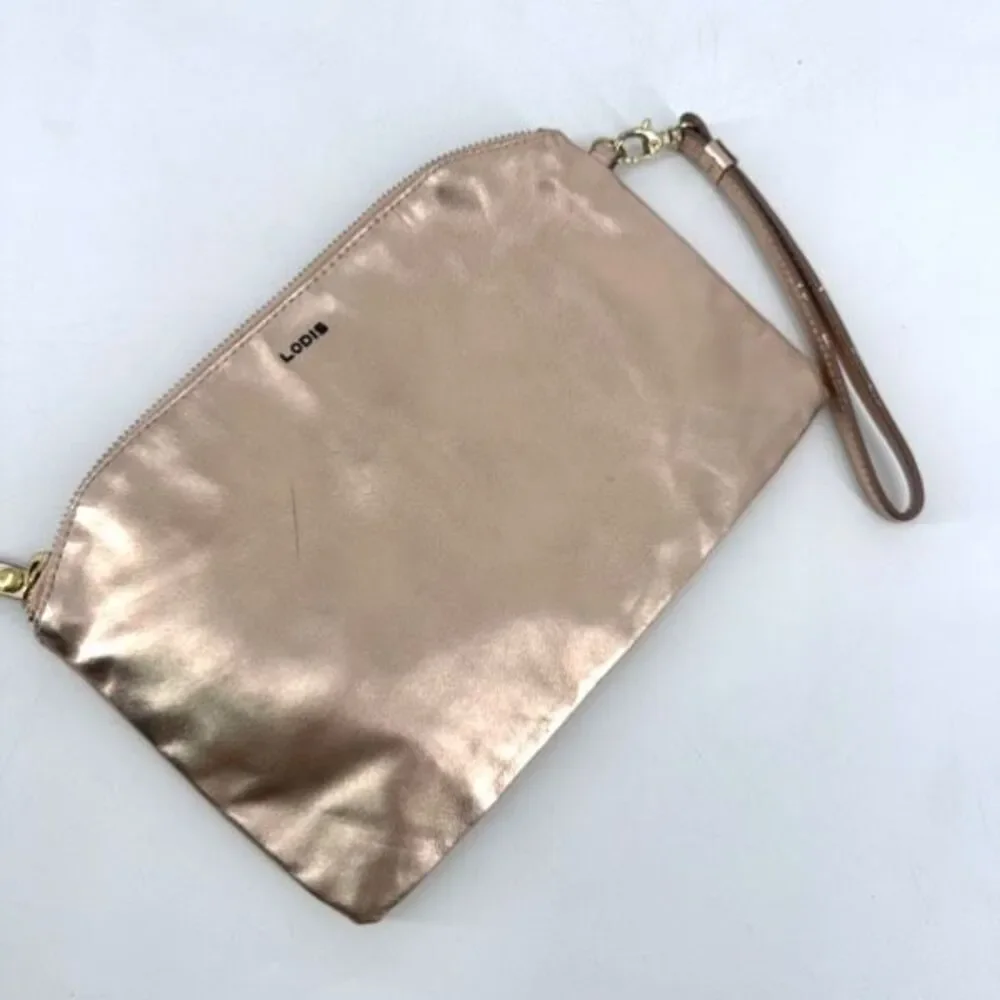 Lodis Rose Gold Metallic Leather Clutch Wristlet‎ Cosmetic Makeup Bag Toiletries